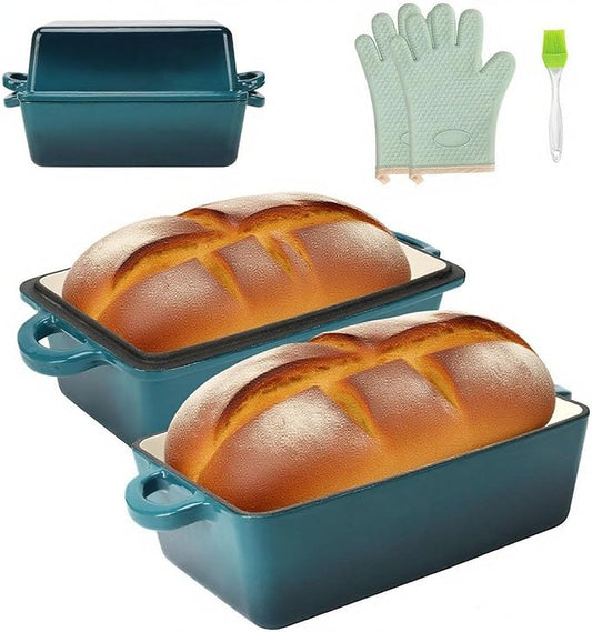 9x5 Inch Enameled Cast Iron Loaf Pan with Lid | 2 in 1 Homemade Sourdough Bread Baking Pan for Homemade Bread, Cake, Meatloaf | Durable 2 Piece Set, Blue Color