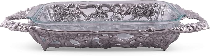 Arthur Court Metal Pyrex Glass Casserole Dish Holder Grape Pattern Sand Casted in Aluminum with Artisan Quality Hand Polished Design Tarnish-Free 21 inch Long 3 Quart Removable Glass Dish Included