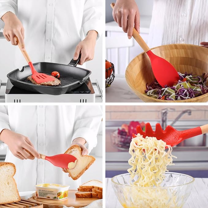 Kitchen Cooking Utensils Set 6Pcs Heat Resistant Silicone Kitchen Utensils Spatula Spoon Turner Ladle w Wooden Handle, BPA FREE Silicone Cooking Tool Gadget Set for Nonstick Cookware & Baking