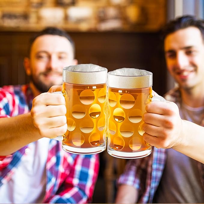20 OZ Beer Stein Mugs, German Clear Large Tall Beer Glasses With Handle for Men, Wave Point glass Mug Set of 2