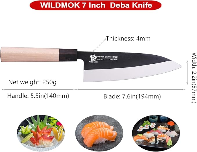 WILDMOK 7 Inch Deba Knife - Asian Usuba Salmon Sashimi Knife with German Stainless Steel Blade & Traditional Wooden Handle