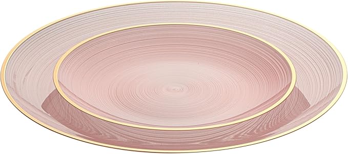 Restaurantware Plastic Plates 40 Pcs 7.13" and 10" Combo Gold Rimmed Plate Set Disposable Heavy-Duty Pink Translucent Rippled Plastic Dinner Servers for Party, Weddings, Salads, Desserts