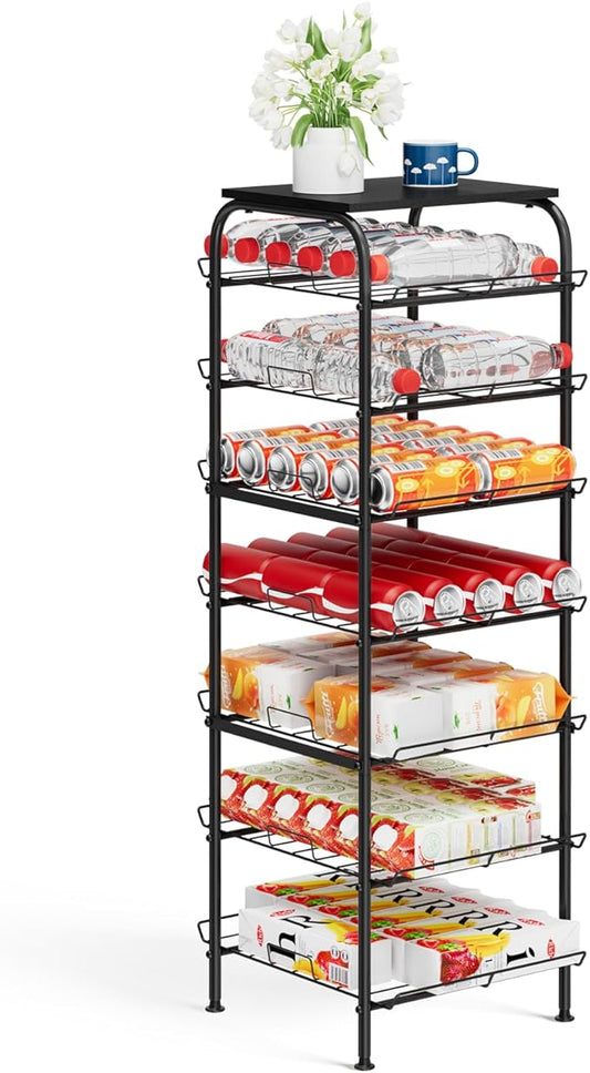 Vrisa Water Bottle Organizer 7 Tier Free Standing Water Bottle Holder Stand with Storage Shelves Beverage Drink Soda Can Rack Dispenser Metal Storage Shelf for Kitchen Pantry Party Office, Black