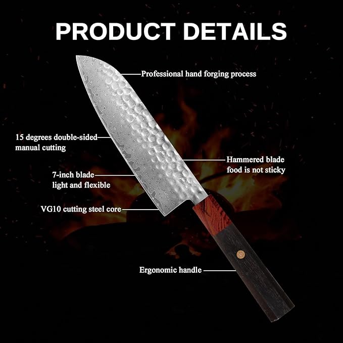 Professional 7 inch Japanese Santoku Chef Knife,67 Layers Damascus VG-10 Super Steel Cutting Core - Ultra Sharp Hammered Kitchen Knife