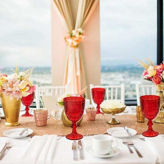 24 Pcs Vintage Wine Glasses, 10 Ounces Colored Glass Water Goblets, Unique Embossed Pattern High Clear Stemmed Glassware Wedding Party Bar Glass Drinking Cups, Floral Red Glasses Set of 24