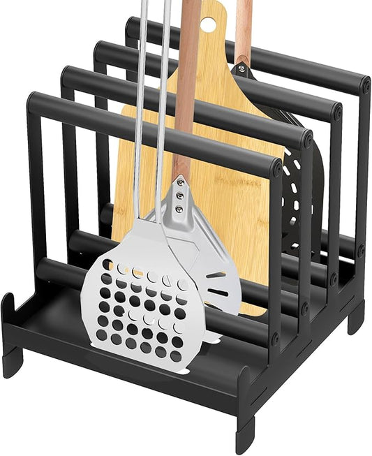 Pizza Peel Rack Steel 4 Available Slots Pizza Paddle Holder Rack with Non-Slip Feet for Pizza Spatula Turner Storage Organizing and Saving Space Pizza Turning Oven Accessories Black