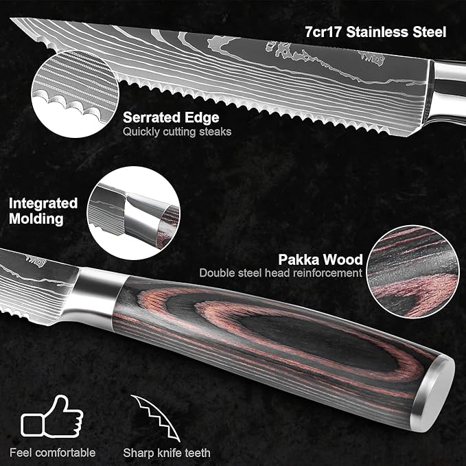 Serrated Steak Knife Set - 6pcs Premium 4.5 inch Kitchen Cutting Steak Knives, German Stainless Steel Knife Professional Table Dinner Knife with Pakkawood Handle for Home Restaurant