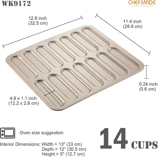 CHEFMADE Eclair Cake Pan, 14-Cavity Non-Stick Mini Eclair Cookie Biscuits Bakeware for Oven Baking (Champagne Gold)
