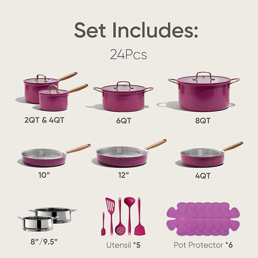 CAROTE 24pcs Tri-Ply Stainless Steel Cookware Set, Pots and Pans Set, Non Toxic Induction Kitchen Cooking Sets, Cookware Collection, Outer Ceramic Layer, Violet Purple