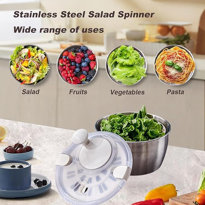 Stainless Steel Salad Spinner - 5.3 Qt Large Capacity with Effortless Crank Handle, Non-Slip Base, Dishwasher Safe for Home & Commercial Use, Ideal for Greens, Vegetables, Fruit, and Pasta.