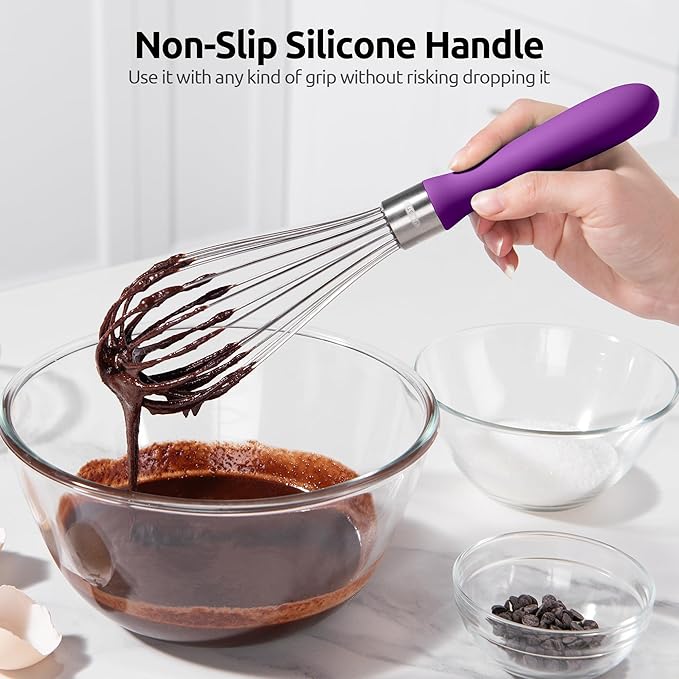 U-Taste Balloon Whisk for Cooking: 18/10 Stainless Steel Kitchen Wire Whisk, Medium Heavy Duty Egg Beater, Manual Baking Mixing Tool with 8 High Flex Wires for Stirring, Blending Sauce (Purple)