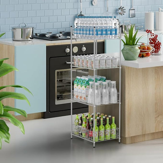 smusei 4 Tier Water Bottle Storage Rack Metal Water Bottle Organizer for Floor, Free Standing Bottled Water Holder Stand Beverage Pantry Drink Shelf Dispenser for Kitchen Pantry