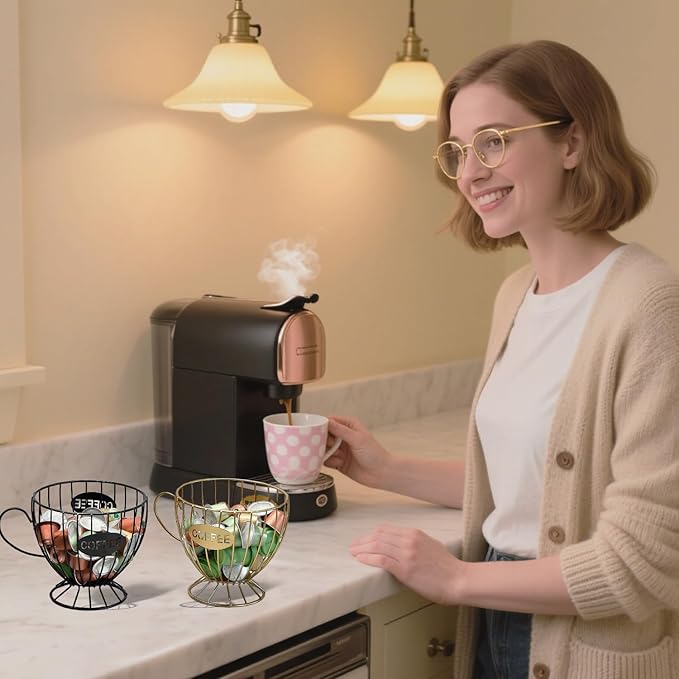 Metal Coffee Pod Holder Wire Coffee Pods Storage Basket Espresso Capsule Storage for Home Kitchen Cafe Hotel (Gold cup)