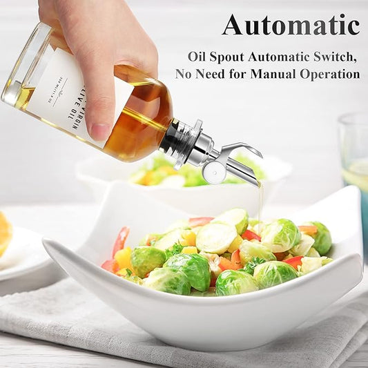 Olive Oil Dispenser Bottle Set with Bamboo Tray, Silver Classic Oil Dispenser, 2 x 350ML Glass Bottles, Weighted Metal Pourers, Kitchen Storage & Dispensing