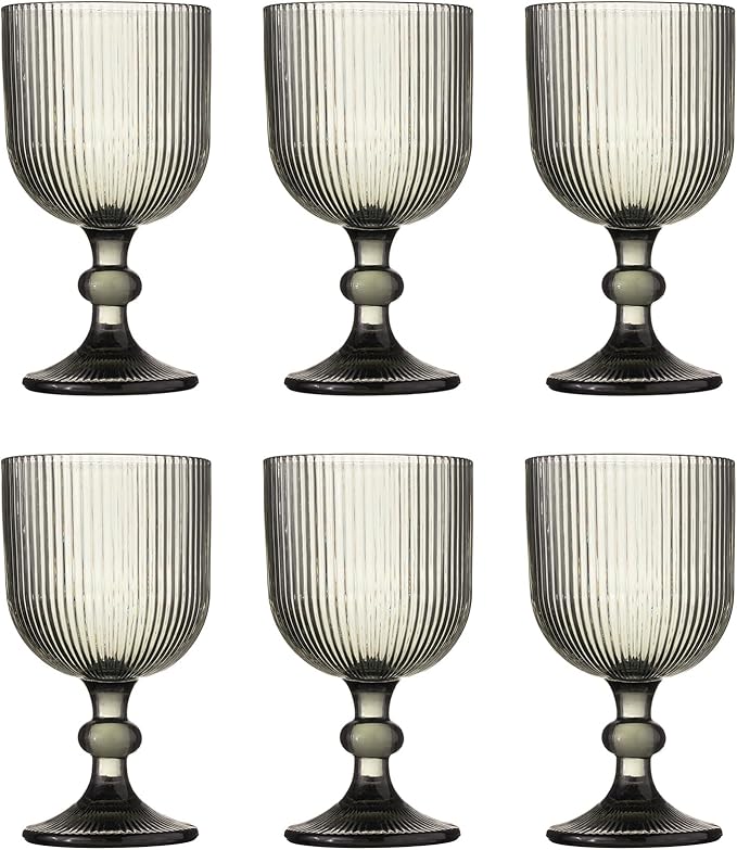 Vintage Wine Glasses Set of 6, 11 Ounces Colored Glass Water Goblets, Unique Embossed Pattern High Clear Stemmed Glassware Wedding Party Bar Glass Drinking Cups Fancy Glasses Vertical Line Grey