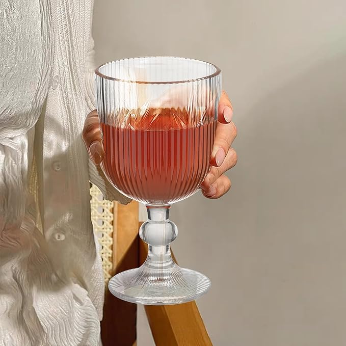 Vintage Wine Glasses Set of 6, 11 Ounces Colored Glass Water Goblets, Unique Embossed Pattern High Clear Stemmed Glassware Wedding Party Bar Glass Drinking Cups Fancy Glasses Vertical Line Clear