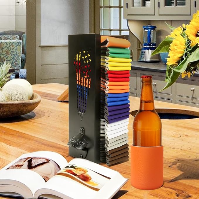 2 in 1 Can Cooler Holder with Bottle Opener, Beer Can Sleeves Storage Organizer and Dispenser for Home Family Bar, Metal, 12", Christmas Gifts for Men Dad