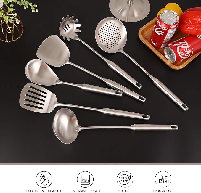 18/10 Stainless Steel Kitchen Utensils Set - 15’’ All Metal Cooking Utensils with Countertop Rotating Holder Stand, Spatula, Ladle, Skimmer, Slotted Turner, Pasta, Large Spoon Set of 7