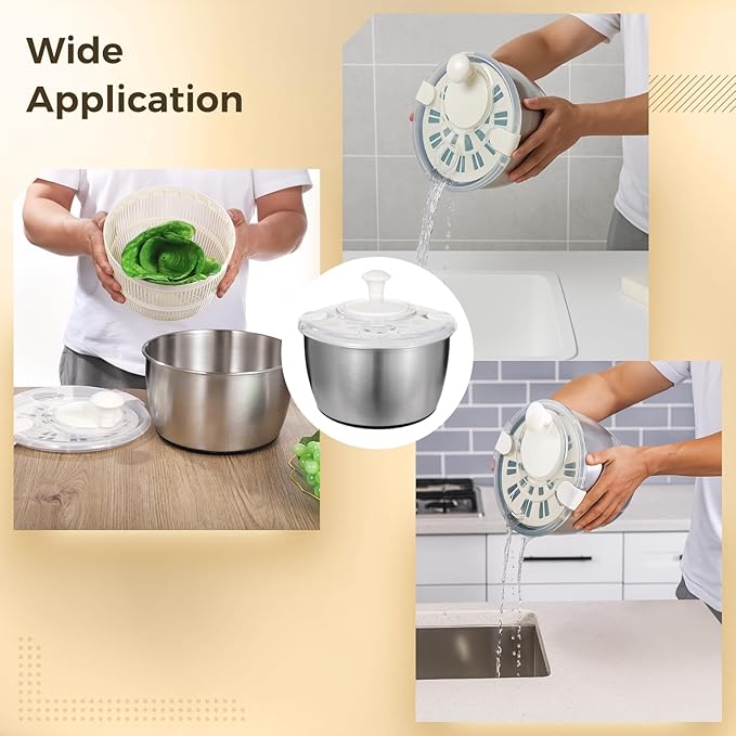 Stainless Steel Salad Spinner 5 L, 360° Quick Spin Function, BPA-Free Lid, Anti-Slip Base, Removable Design for Fruits, Vegetables, Pasta, and More