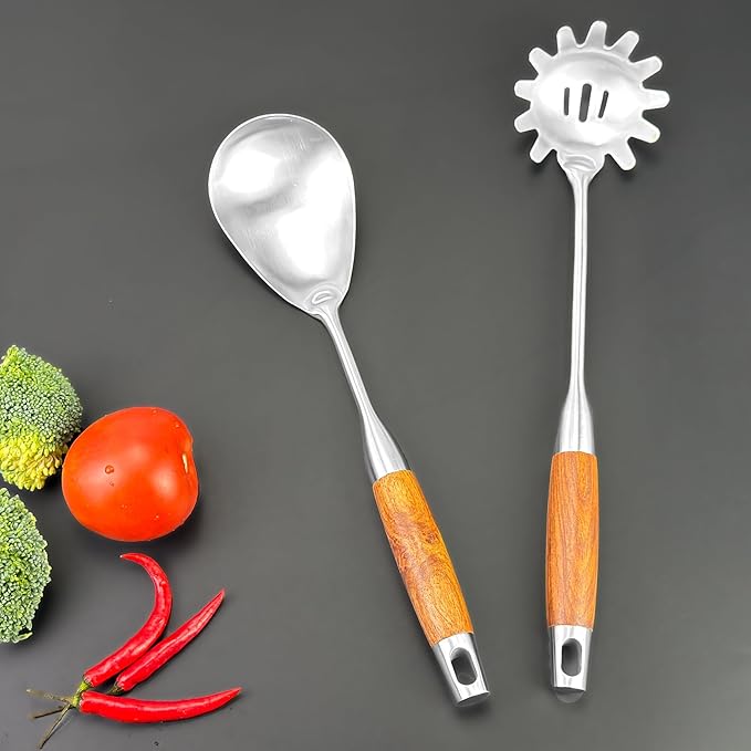 18/10 Stainless Steel Kitchen Utensils Set 6 Pcs Cooking Utensil with Wood Handle, 15.5” Long Spatula, Soup spoon, Leaking shovel, Spaghetti Spoon Kitchen Tools Set (Wood handle - 6 Piece)