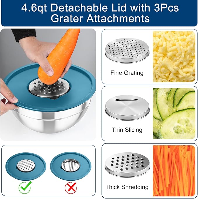 TeamFar Mixing Bowls with Lids, 5PCS Stainless Steel Metal Salad Bowl with 3 Grater Attachments, for Cooking, Prepping, Serving, Healthy, Airtight Lids & Easy Clean - 0.7/1 / 1.5/2.6/4.6QT