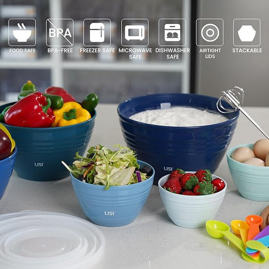 LISI 6 Pack Mixing Bowl Set with Lids, Plastic Bowls for Kitchen, Nesting Salad & Meal Prep Bowls, BPA-Free, Large Storage Bowl with Airtight Lids