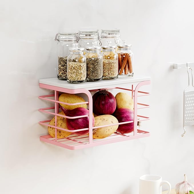 Small Grocery Bag Holder,Wall Mount Trash Bag Holder Dispenser with Bamboo Top,Suitable for Garbage Bags of 100 Rolls under 13 Gallons,Pink