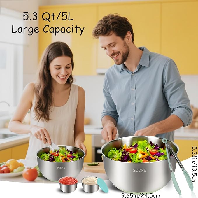 Stainless Steel Salad Spinner Large, Salad Washer Spinner and Dryer, Lettuce Cleaner Spinner, Vegetable Dryer, Fruit Washer with Dipping Saucers and Clip Dishwasher Safe, 5.3Qt