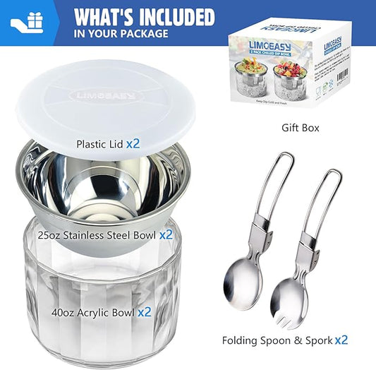 LIMOEASY Chilled Dip Bowl (2 Pack), 25oz Ice Serving Bowl with Lid for Parties, Cold Serving Dish for Hummus, Salsa, Guacamole, Sauces, Pasta