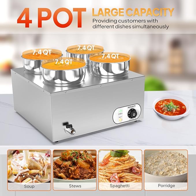 ROVSUN Electric Soup Warmer, 30QT Commercial Food Warmer Steam Table, Countertop Bain Marie with Four 7.4QT Pots, 86~185°F Adjustable Temperature, Lid and Tap for Buffet Restaurant 1500W