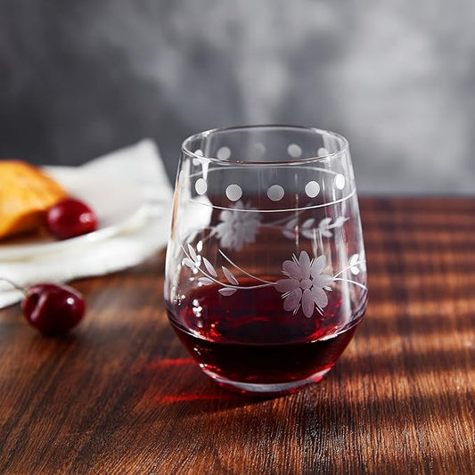 Royalrose Premium Delight Vintage Red Wine Glasses Set of 4, 15.7 oz – Hand-Blown with Etched, Classic Glassware for Weddings, Dinners, and Holiday Gifting (Stemless Wine Glasses)