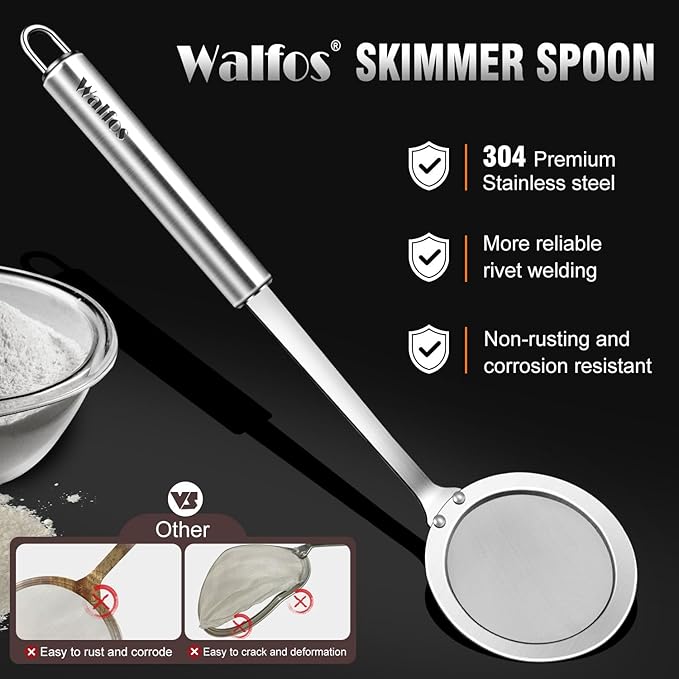Walfos Skimmer Spoon,304 Stainless Steel Fine Mesh Strainer,Foam Strainer Oil Filter,Ultra Fine Mesh Strainer Perfect For Separation Of The Floating Foam,Fat,Set fo 2