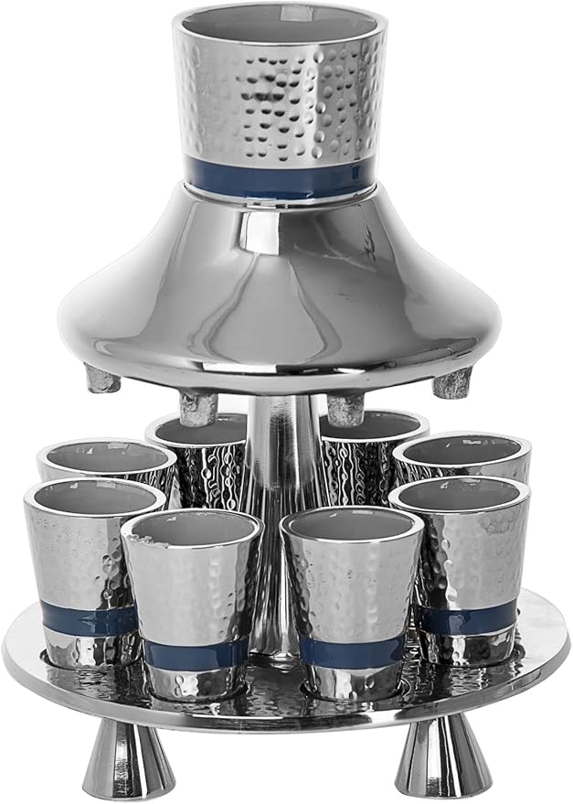 (D) Judaica Fountain in Enamel with 8 Cups (1 Ounce) Kiddush Item (Silver)