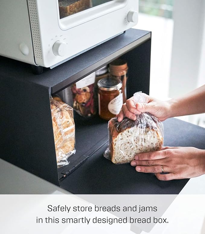 Yamazaki Home Tower Bread Box Keeper Holder Container, Metal Bread Holder Saver, Slim Space Saving Counter Storage - Horizontal - Steel