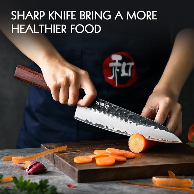 HEZHEN- 8.5 inch Chef Knife,3 Layers High Carbon Composite Forging Steel,Razor Sharp Kitchen Knife, Redwood Octagonal Handle With Wooden Knife Sheath with Premium Gift Box