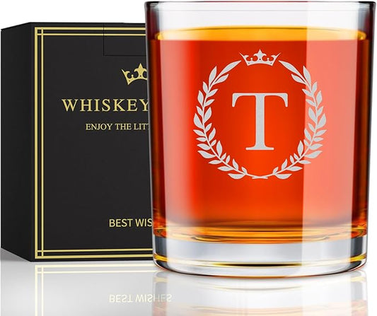 Personalized Whiskey Glasses Gifts for Men, Monogrammed Engraved A-Z 10.6 oz Rocks Glass Customized Gift, Unique Christmas Birthday Gifts for Men Him Dad Husband Brother Son (T)