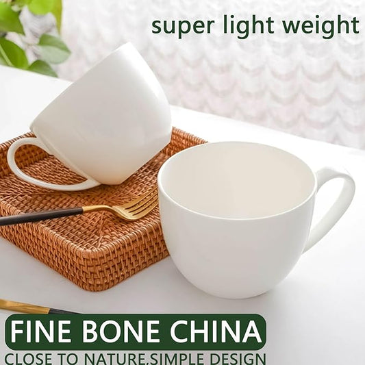 Chulan Extra Large White Bone China Cereal Mugs, 22 oz Ceramic Coffee Mug Set of 6, Latte Mugs Mocha Tea Cup, Jumbo Porcelain Soup Mugs with Big Handle for Desserts Snack, Microwave & Dishwasher Safe