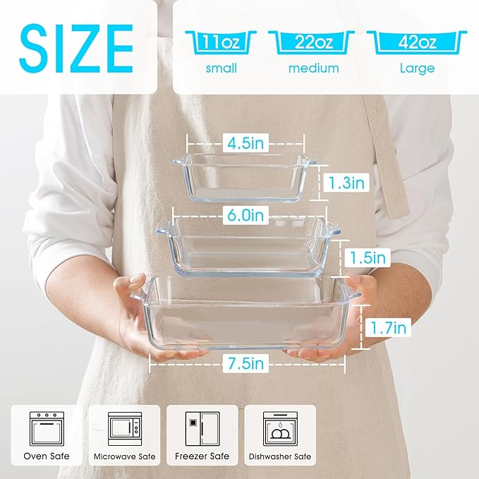 NUTRIUPS Mini Square Glass Baking Dish for Oven, Square Cake Pan Glass Casserole Dishes for Oven (4.5in+6in+7.5in)