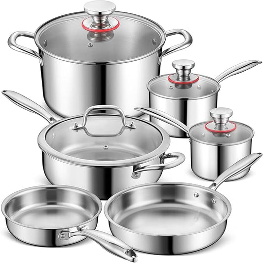 P&P CHEF 10 Pcs Pots and Pans Set, Stainless Steel Cookware Sets for Kitchen, Induction Cookware Non-toxic Kitchen Cooking Set w/Fry Pans, Saucepans, Stockpot, Saute Pan, Dishwasher Safe