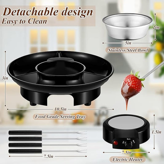 Lallisa Electric Fondue Pot Set, Chocolate Fondue Kit, Electric Fondue Maker, detachable Serving Trays with 4 Roasting Forks, gift Set for Date Night House Warming Melting Parties(Black)
