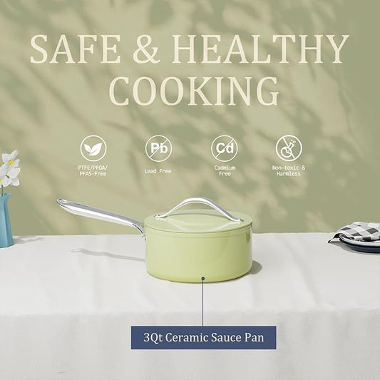 3.5qt Nonstick Ceramic Sauce Pan with Lid (8.19") Even Heat Distribution Non Toxic PFAS Free Healthy Cooking Pot for All Stovetops (Induction/Gas/Electric) Oven Safe 500°F, Olive Green