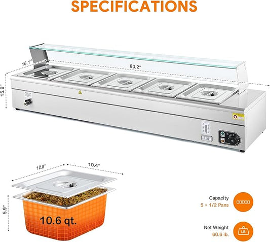 WILPREP Commercial Food Warmer with Five 1/2 Pans, Electric Warmer for Food with Sneeze Guards Adjustable Temp. & Auto Shutoff, Stainless Steel Food Heating Unit for Buffet Food Truck Hotel Catering