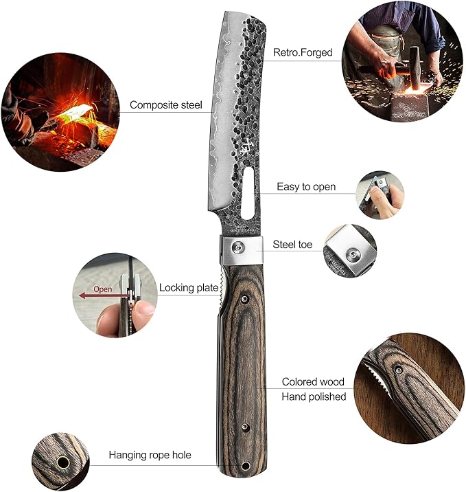 SENBON 440A Forged Stainless Steel Sharp Folding Chef Knife Peeling Utility Knife Fruit Knife Colorful Wood Handle Camping Barbecue Outdoor Pocket Portable Kitchen Knife
