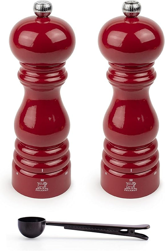 Peugeot Paris u'Select 6 Setting Manual Salt & Pepper Mill Set With Black Stainless Steel Spice Scoop Made In France (Passion Red, 7- Inch)