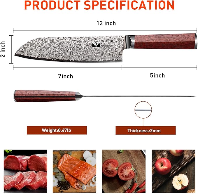 Santoku Knife 7-inch VG-10 Cutting Core 67-Layer Damascus Professional Kitchen Knife Chef’s Knife with Natural Wood Hexagon Handle and Exquisite Box