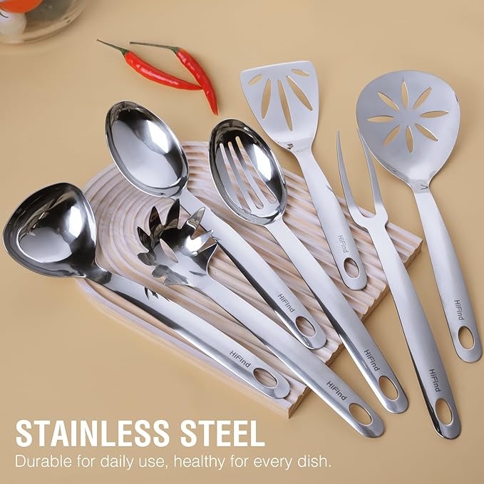 Stainless Steel Cooking Utensils Set, 7PCS Kitchen Utensils Set, Durable Kitchen Utensils - Meat Fork, Solid Serving Spoon, Ladle, Pasta Fork, Skimmer, Slotted Serving Spoon, Slotted Spatula