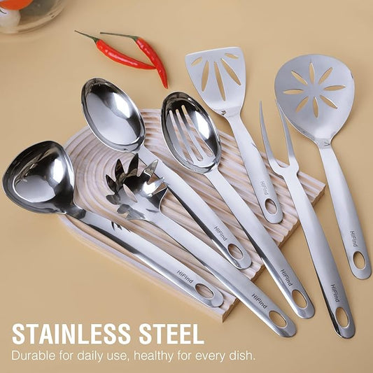 Stainless Steel Cooking Utensils Set, 7PCS Kitchen Utensils Set, Durable Kitchen Utensils - Meat Fork, Solid Serving Spoon, Ladle, Pasta Fork, Skimmer, Slotted Serving Spoon, Slotted Spatula