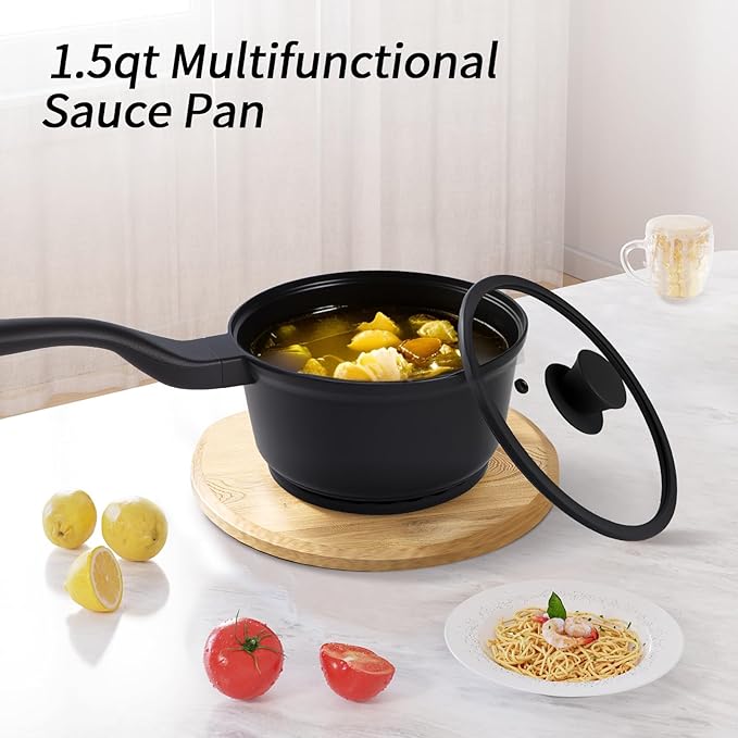 Nonstick Saucepan with Lid,2.4 Quart Ceramic Glaze Coated Small Pot, Anti-Detachment Design of The Handle “Design of The Heat Exchange Space at The Bottom of The Pan” PFOA PFOS Free