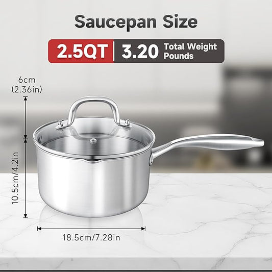 2.5 Quart Stainless Steel Saucepan with Glass Strainer Lid, Thicken Tri-ply Full Body, Multipurpose Sauce Pot with Two-Size Drainage Holes Lid, Perfect For Boiling Gravies, Pasta, Noodles