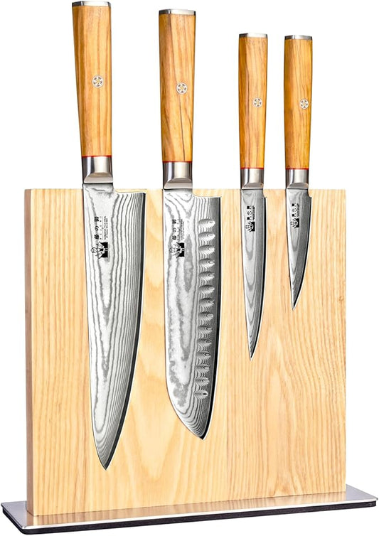 Damascus Knife Set with Block, Chef Knife Set Professional 67-Layer Damascus VG10 Steel, Olive Wood Handle with Gift Box
